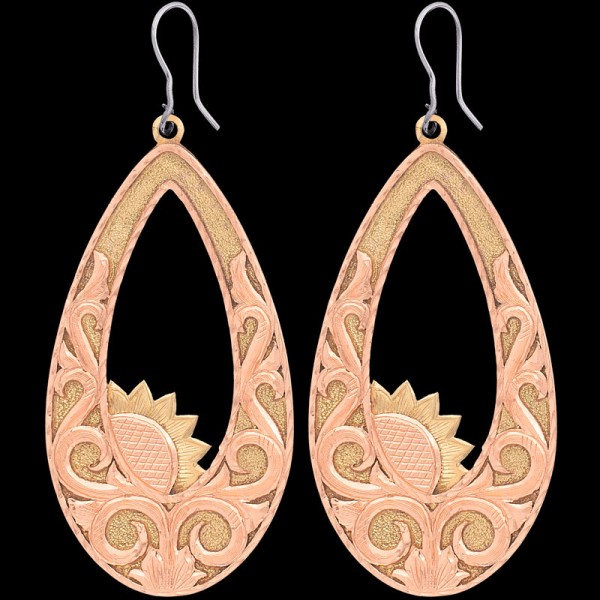 The Peach Blossom Earrings add a beautiful and bright elegance to your Western style. Crafted on copper hand matted bases with scrollwork and sunflower bronze detailed figures. Order now!